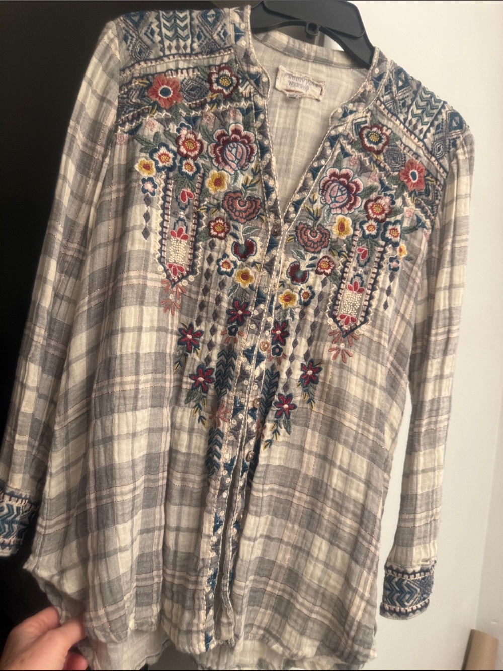 Johnny Was Cream & Gray Plaid Embroidered Top